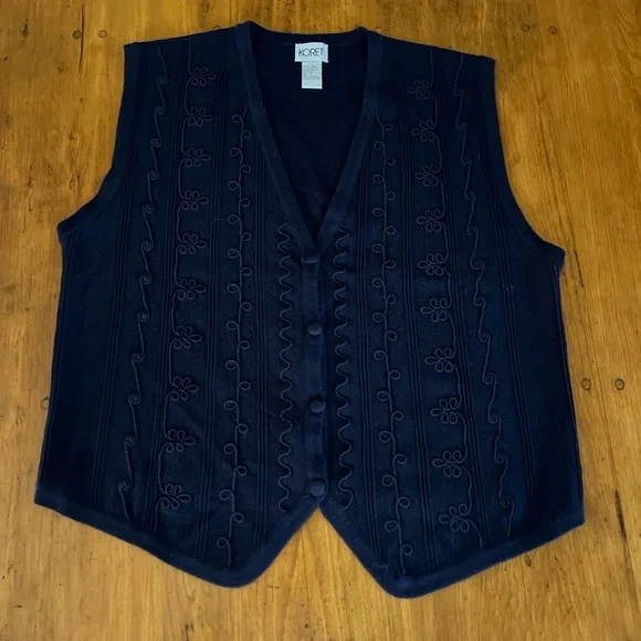 Vintage Koret Wool Blend Embroidered Navy Blue Sweater Vest - Picture 8 of 10